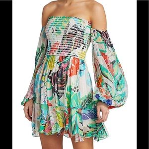 Rococo Sand, NWT, Tropical print off-shoulder mini dress, Sz Small